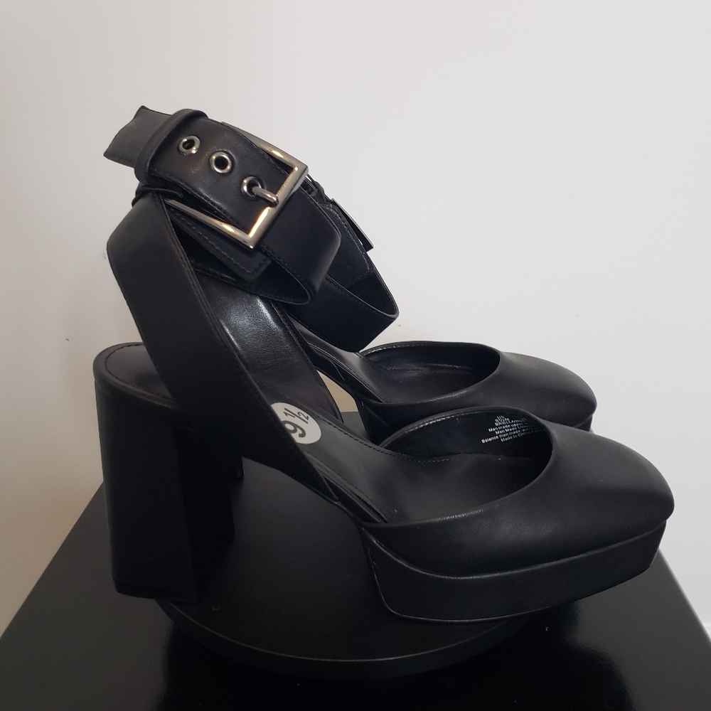 Black Platform Block Heel Pumps with Ankle Buckle